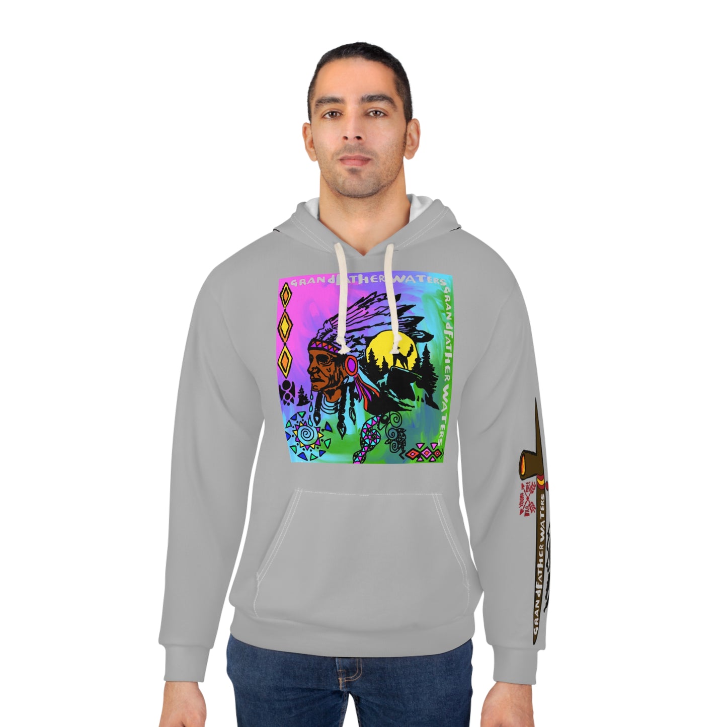 Native Spirit Graphic Hoodie — "Grandfather Waters" Colorful Headdress Design