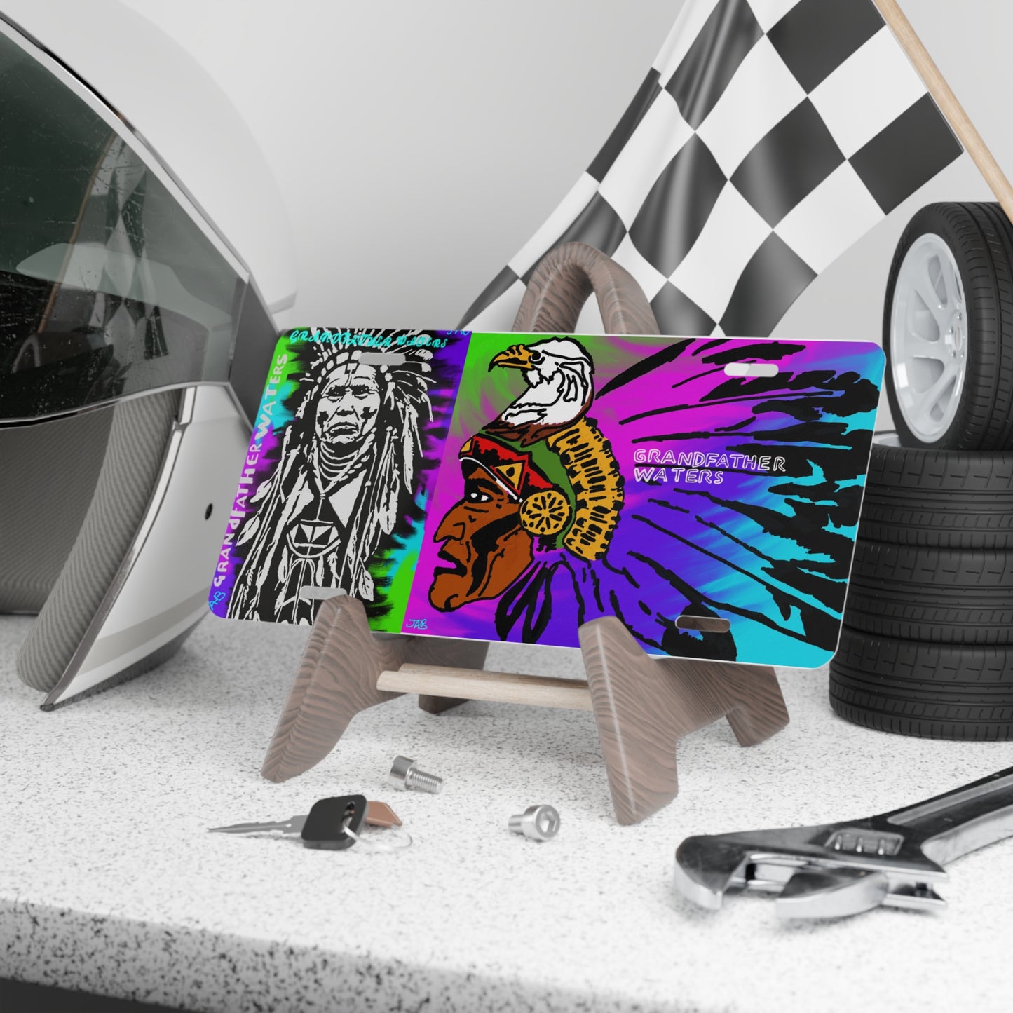 Native Chief Graphic Vanity Plate — Colorful Headdress Car License Decor