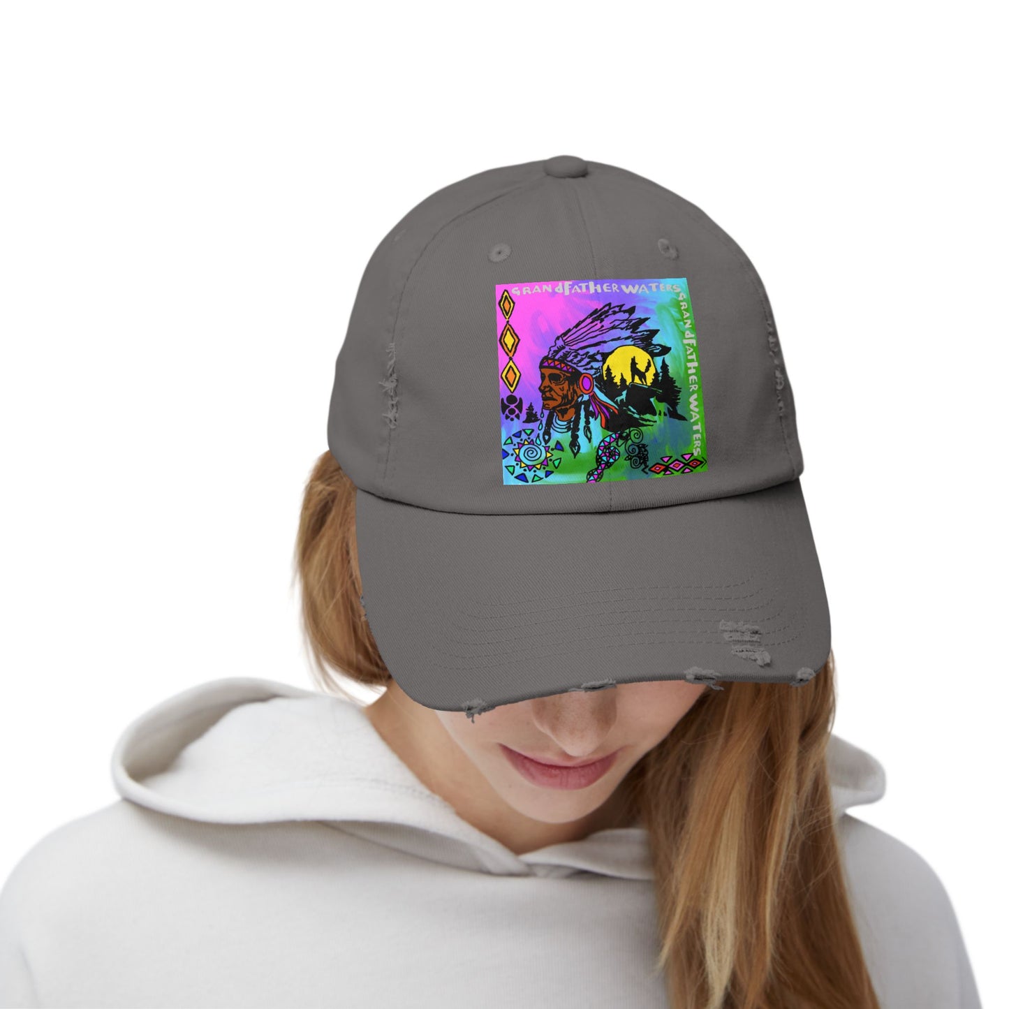 Distressed Cap — Colorful Native Headdress Graphic
