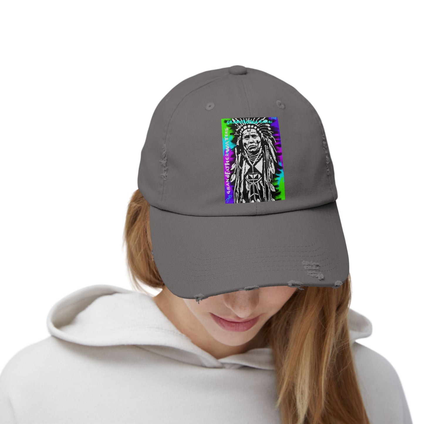 Distressed Black Cap with Neon Tribal Chief Portrait