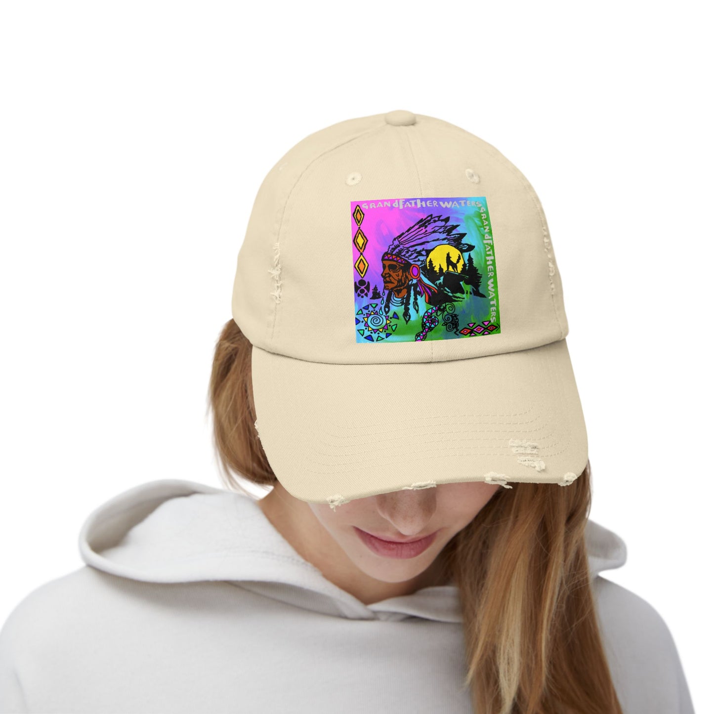 Distressed Cap — Colorful Native Headdress Graphic