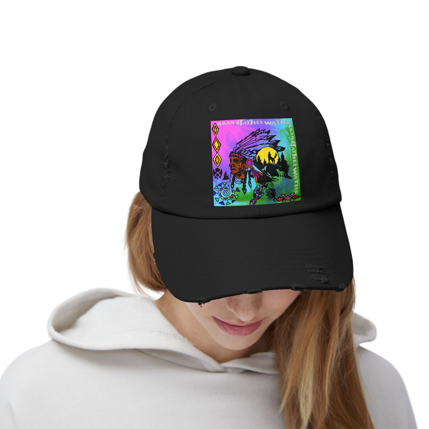 Distressed Cap — Colorful Native Headdress Graphic