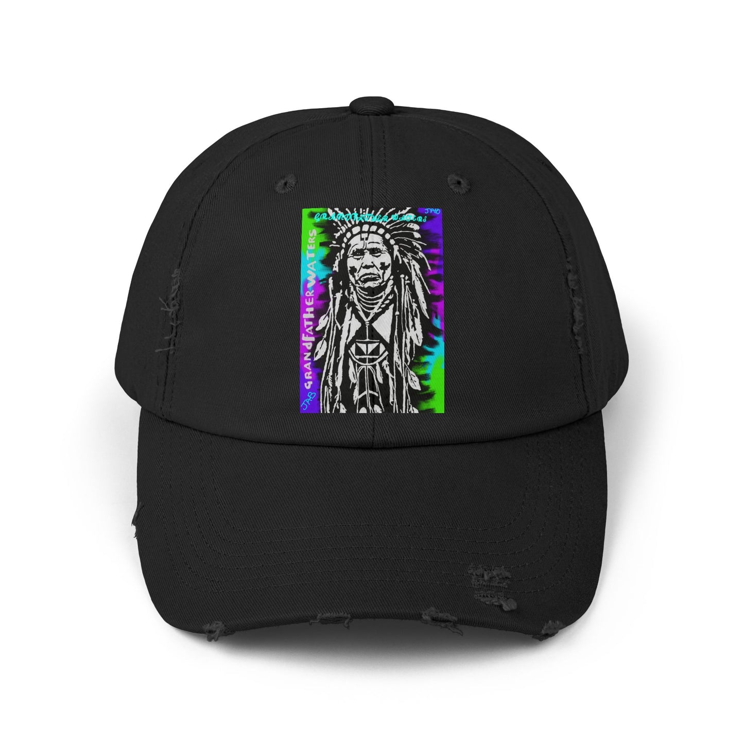 Distressed Black Cap with Neon Tribal Chief Portrait