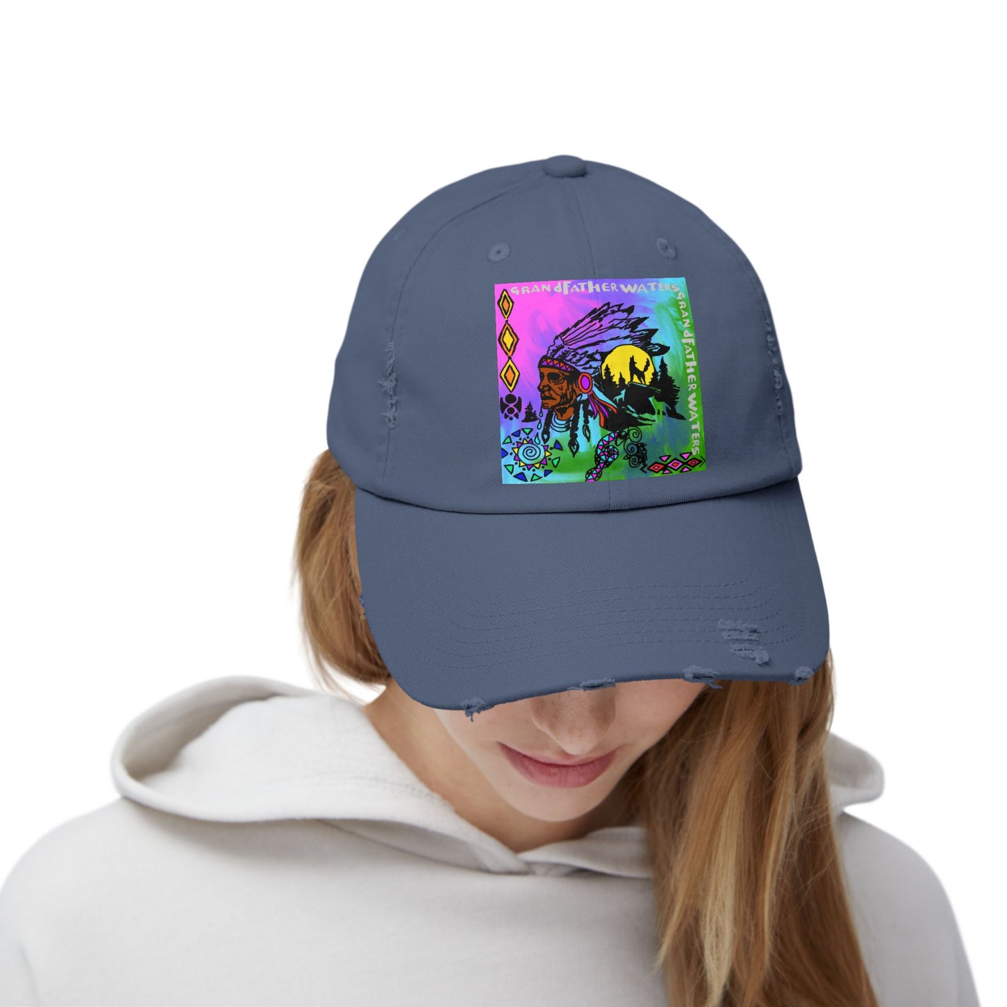 Distressed Cap — Colorful Native Headdress Graphic
