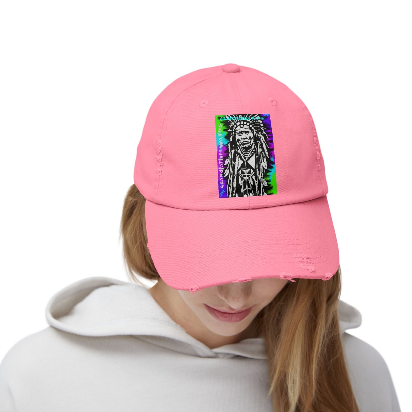 Distressed Black Cap with Neon Tribal Chief Portrait