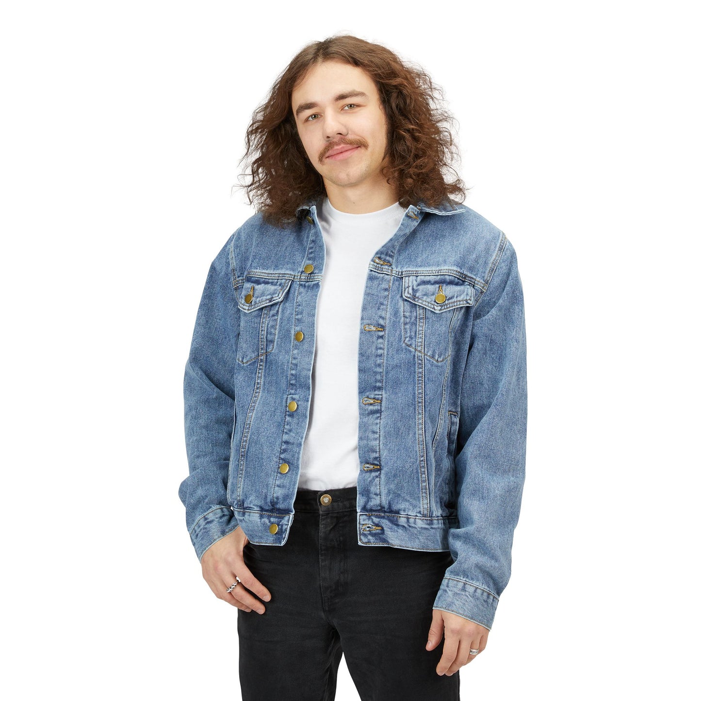 Men's Denim Jacket with Vibrant Native-Inspired Back Patch — Colorful Boho Streetwear