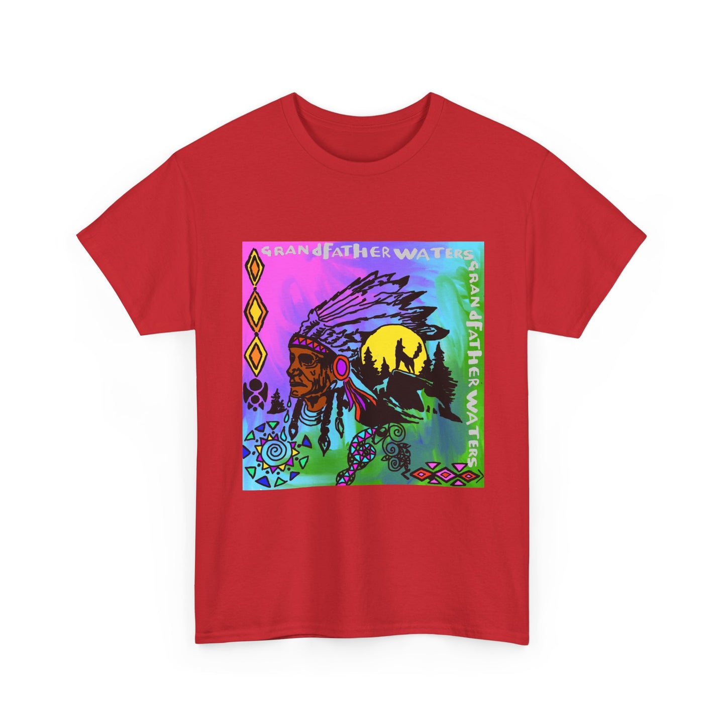 Native Chief Graphic Tee — Colorful Tribal Sunset Design