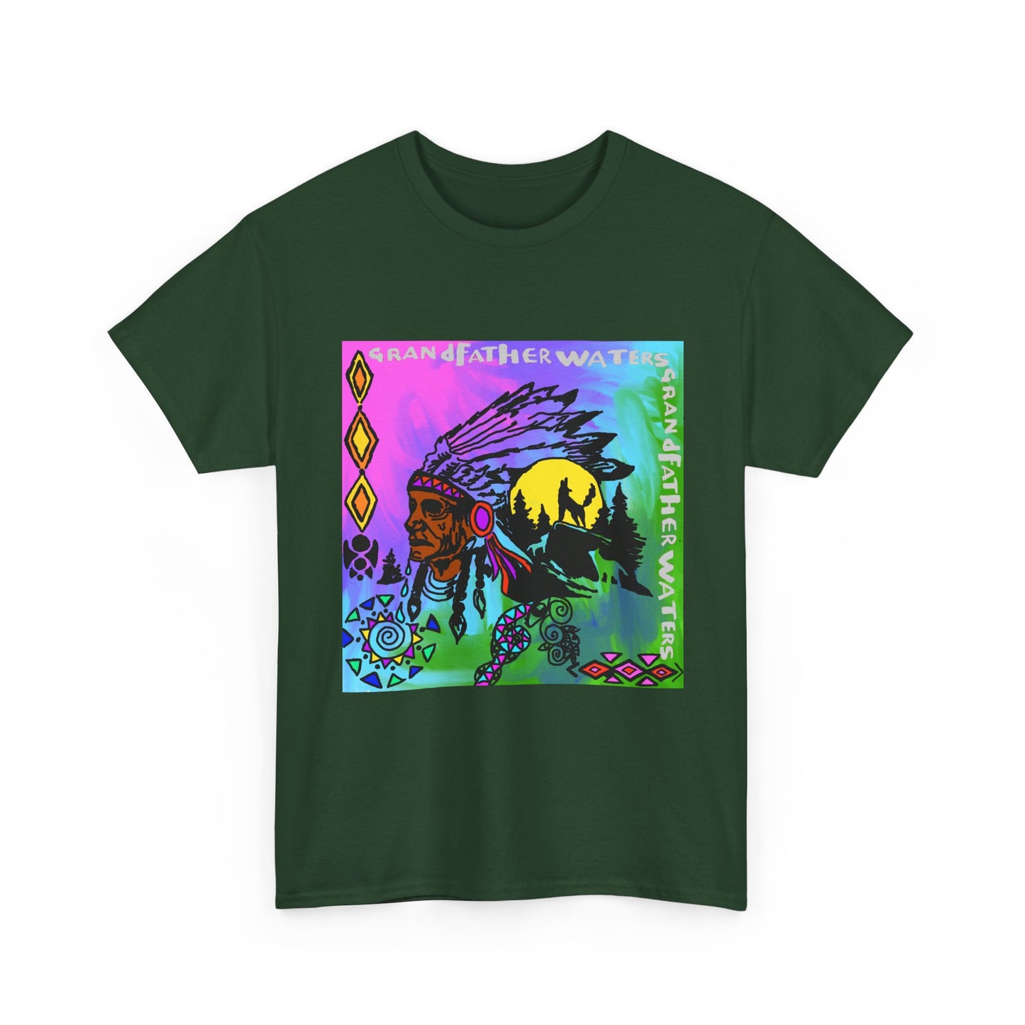 Native Chief Graphic Tee — Colorful Tribal Sunset Design