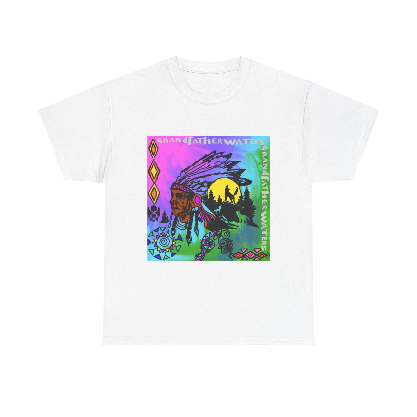 Native Chief Graphic Tee — Colorful Tribal Sunset Design