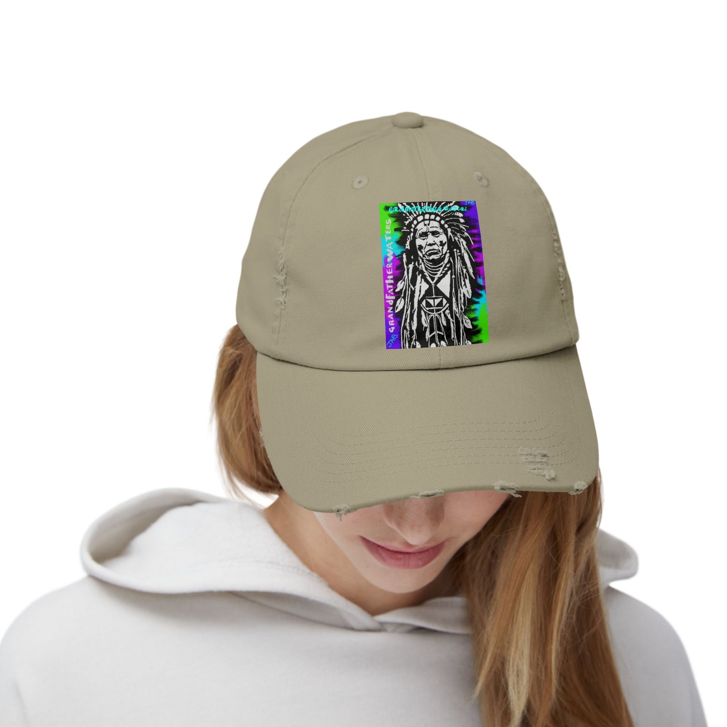 Distressed Black Cap with Neon Tribal Chief Portrait