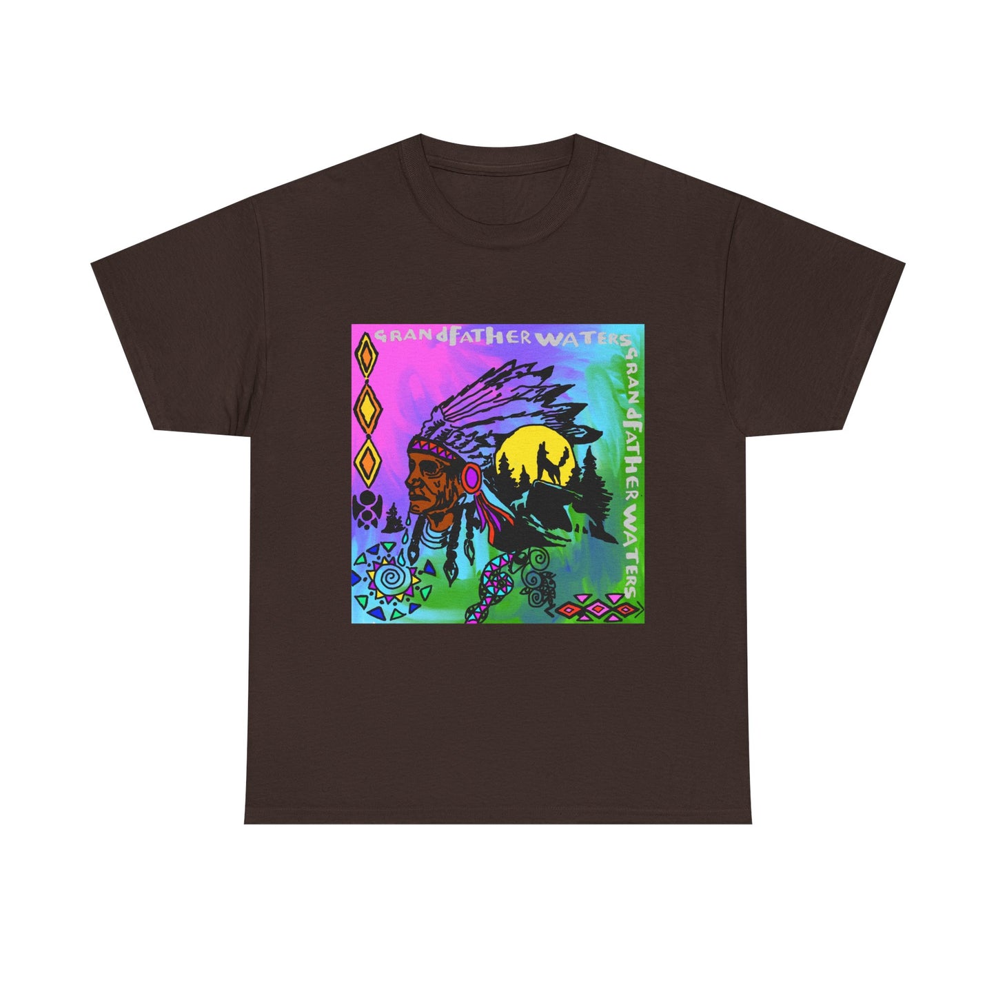 Native Chief Graphic Tee — Colorful Tribal Sunset Design