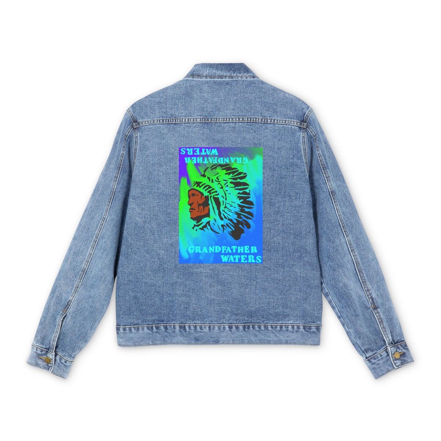 Denim Jacket — Retro 'Grandfather Waters' Neon Native Chief Graphic