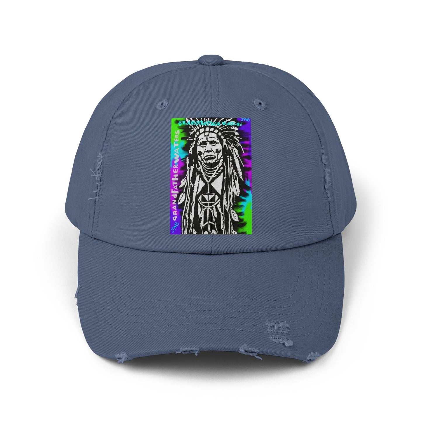 Distressed Black Cap with Neon Tribal Chief Portrait