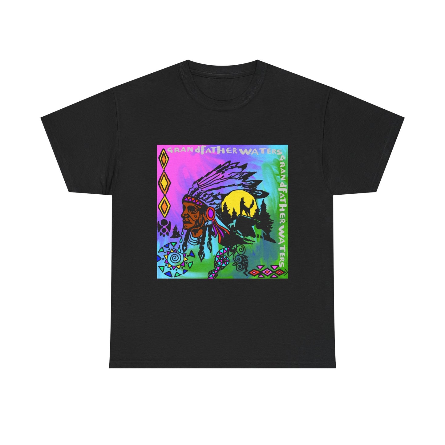 Native Chief Graphic Tee — Colorful Tribal Sunset Design