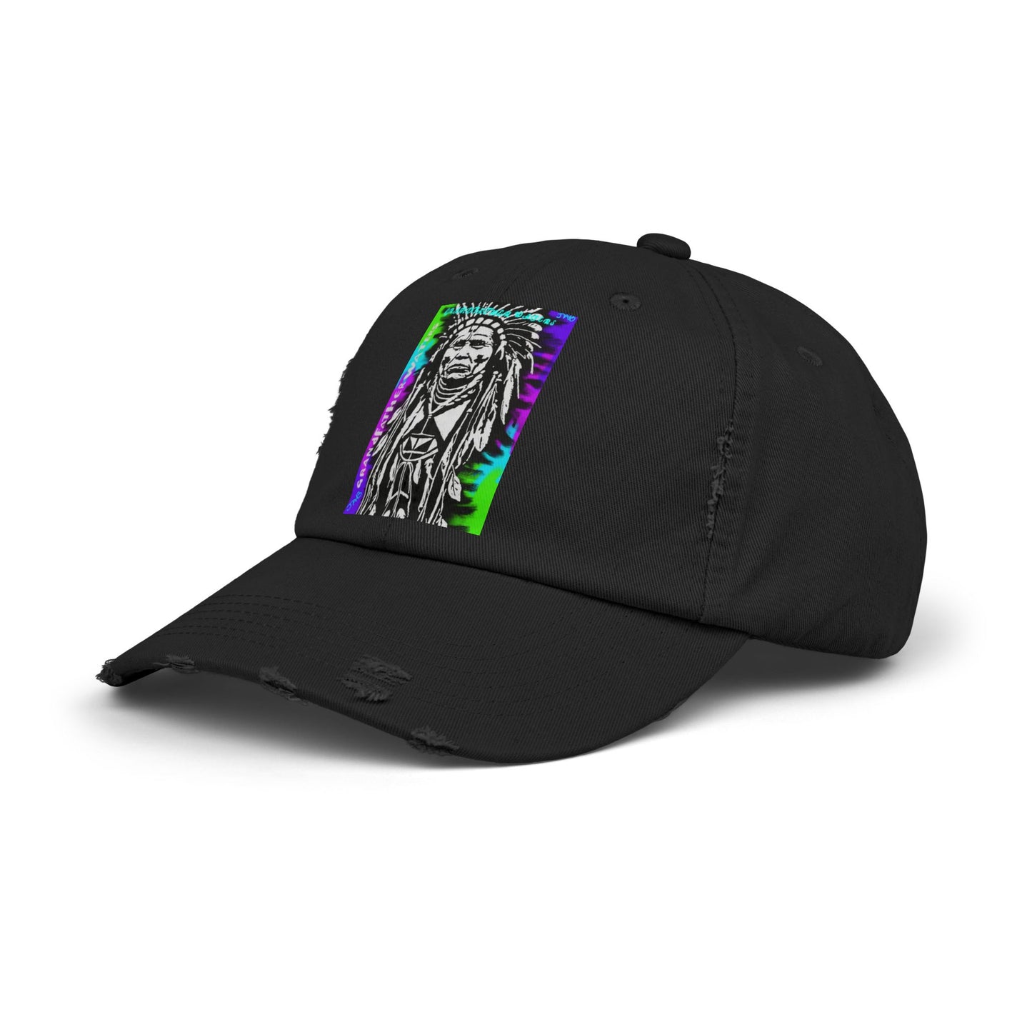 Distressed Black Cap with Neon Tribal Chief Portrait