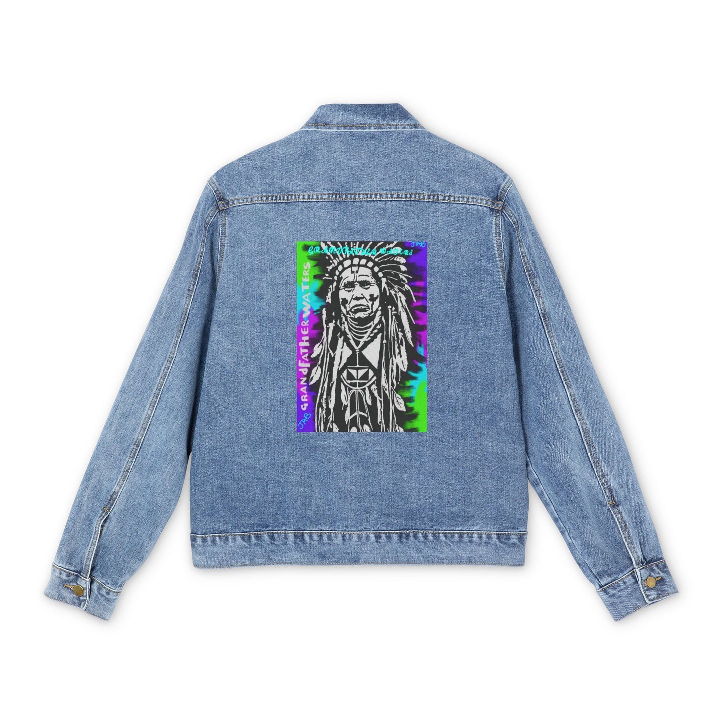 Native Chief Artwork Denim Jacket — Retro Tie-Dye Back Patch Mens Jacket