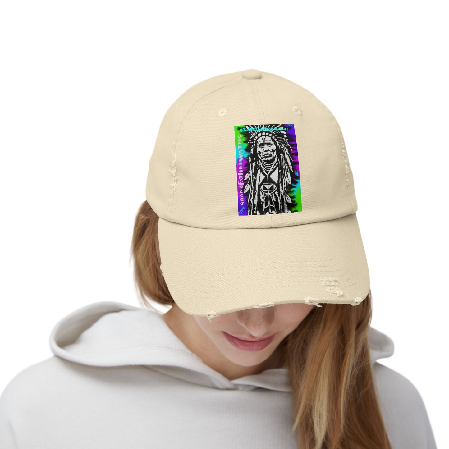 Distressed Black Cap with Neon Tribal Chief Portrait