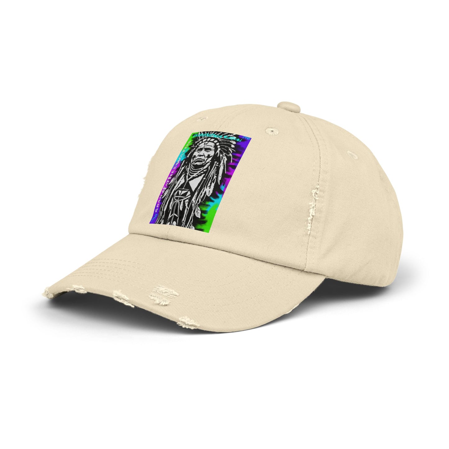 Distressed Black Cap with Neon Tribal Chief Portrait