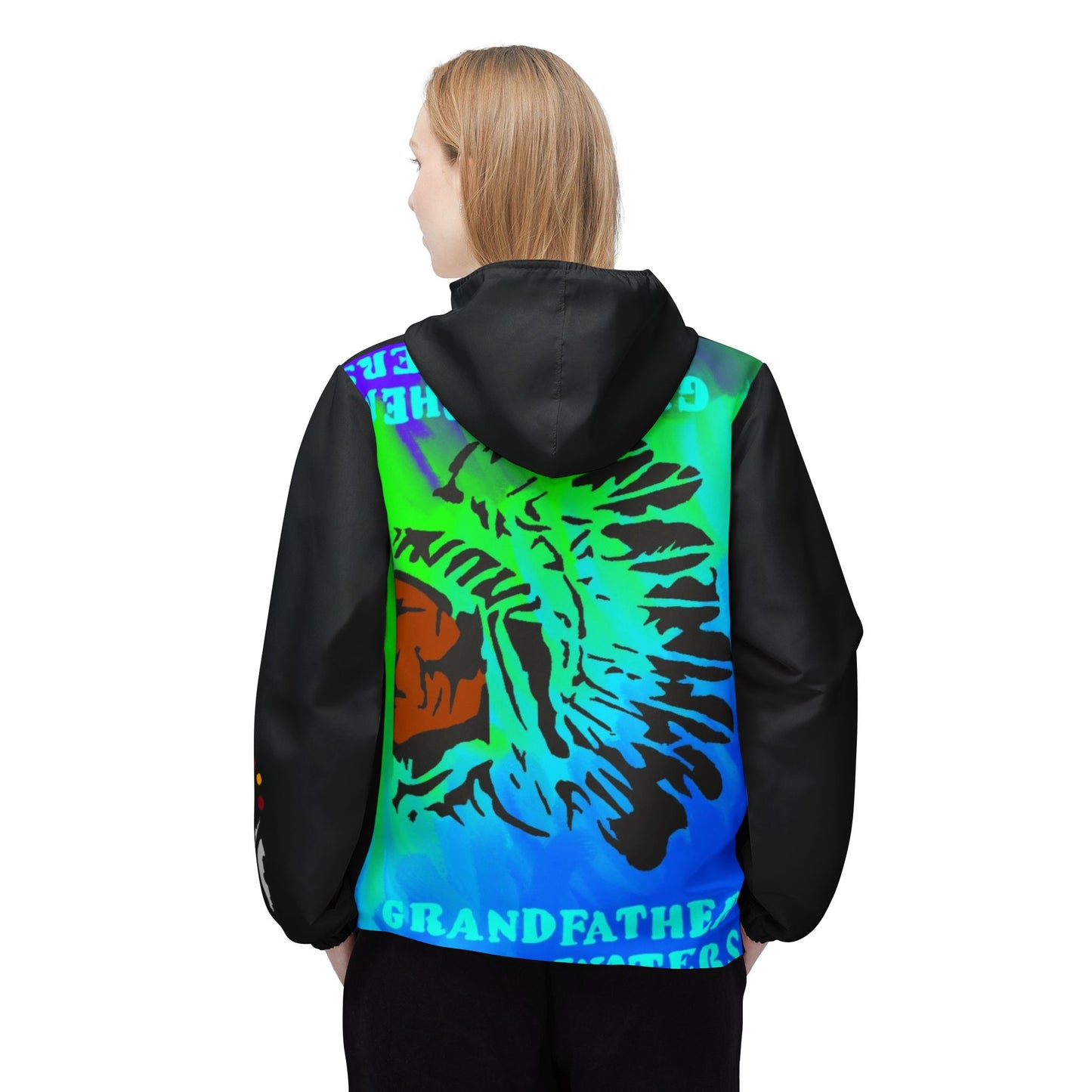 Windbreaker Jacket — 'Grandfather Waters' Native Headdress Print Hooded Windbreaker