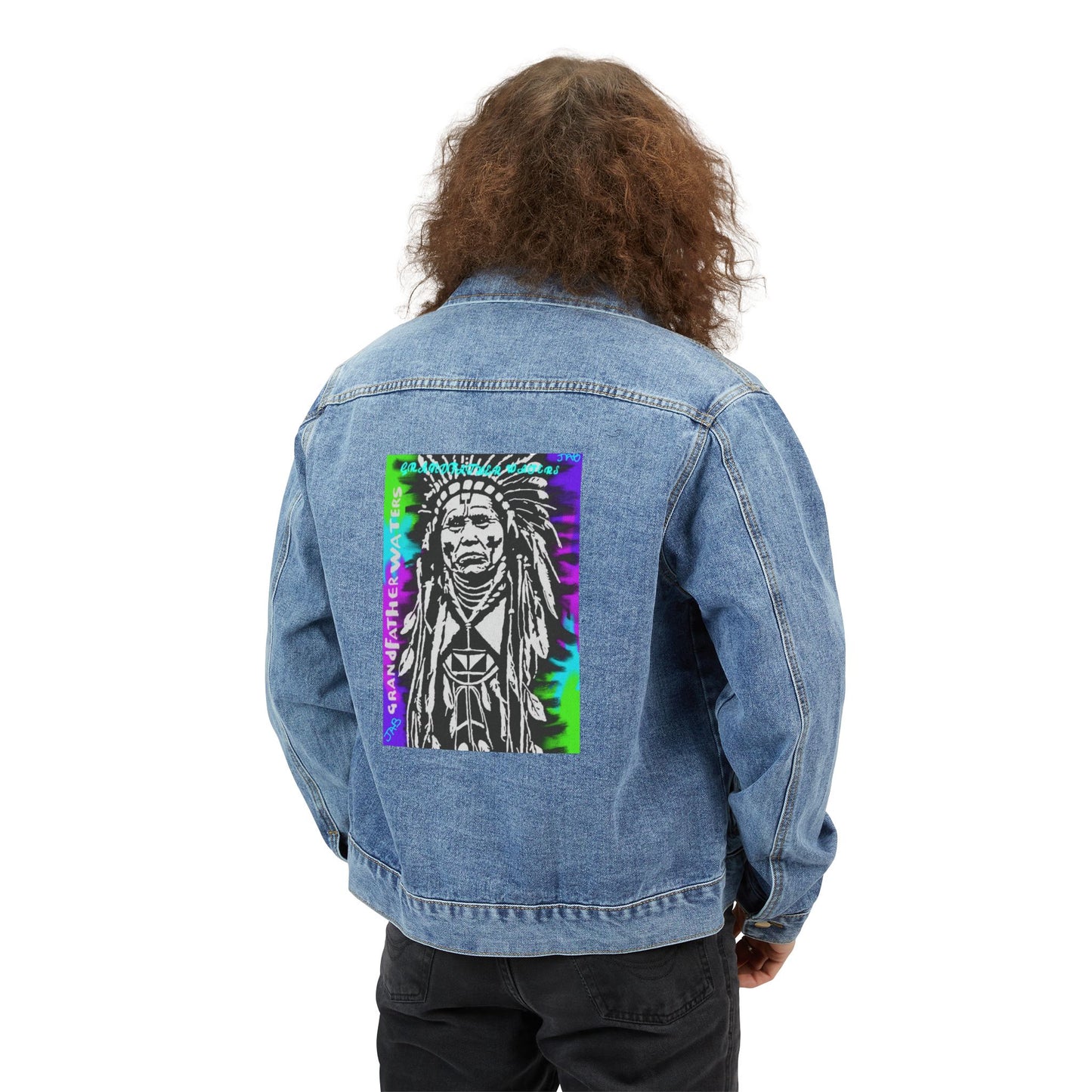 Native Chief Artwork Denim Jacket — Retro Tie-Dye Back Patch Mens Jacket