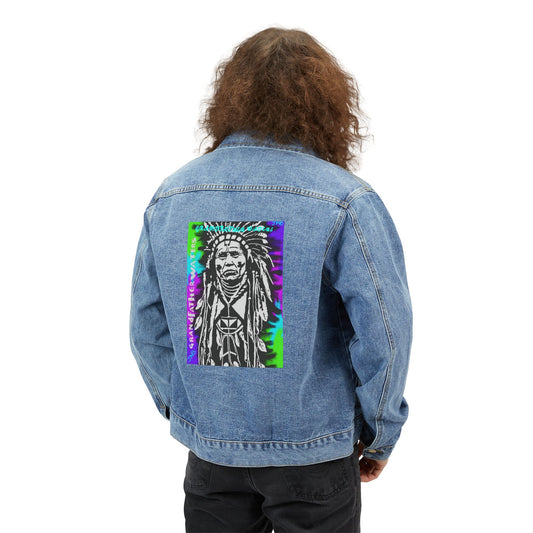 Native Chief Artwork Denim Jacket — Retro Tie-Dye Back Patch Mens Jacket