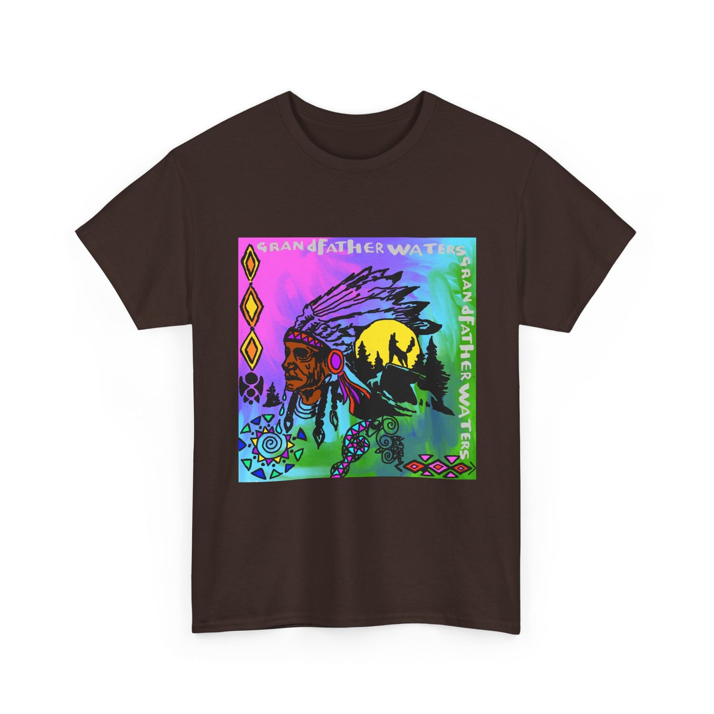 Native Chief Graphic Tee — Colorful Tribal Sunset Design