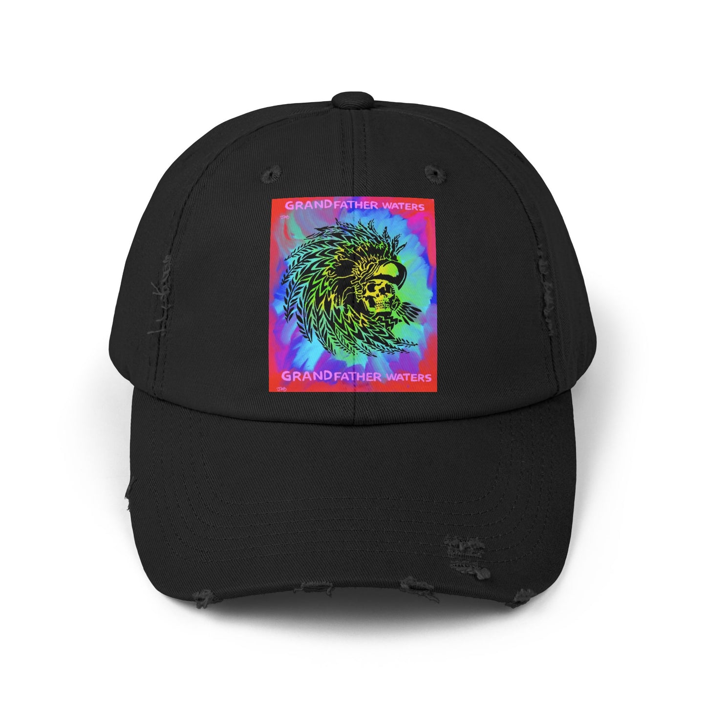 Distressed Black Cap — Neon Lion 'Grandfather Waters' Graphic