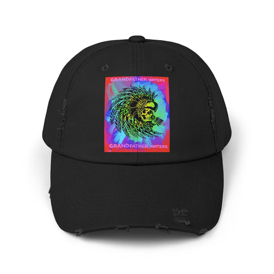 Distressed Black Cap — Neon Lion 'Grandfather Waters' Graphic