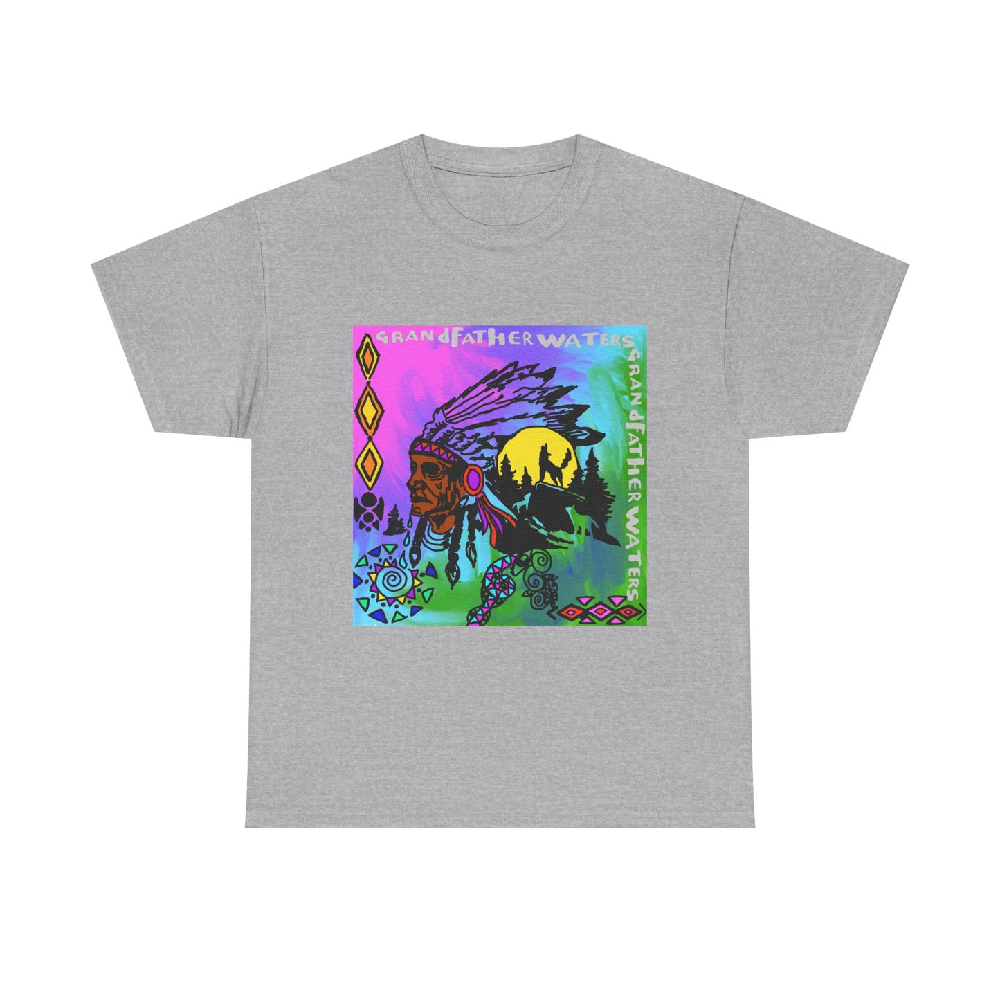 Native Chief Graphic Tee — Colorful Tribal Sunset Design