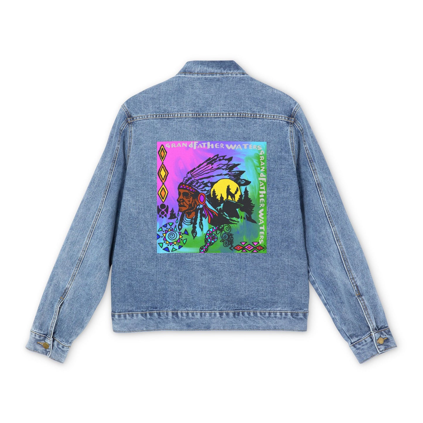 Men's Denim Jacket with Vibrant Native-Inspired Back Patch — Colorful Boho Streetwear