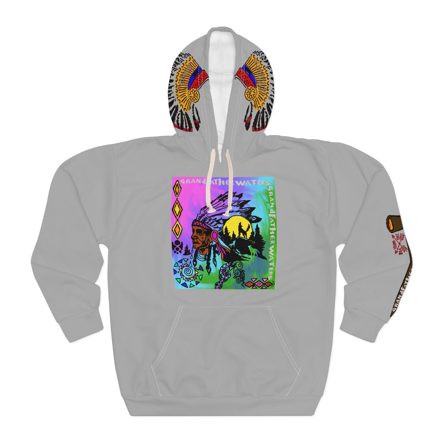 Native Spirit Graphic Hoodie — "Grandfather Waters" Colorful Headdress Design