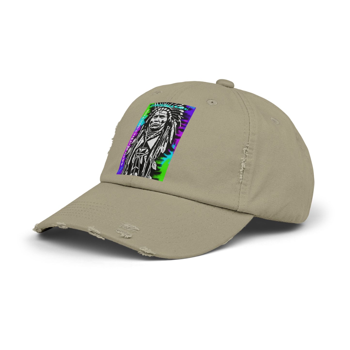 Distressed Black Cap with Neon Tribal Chief Portrait