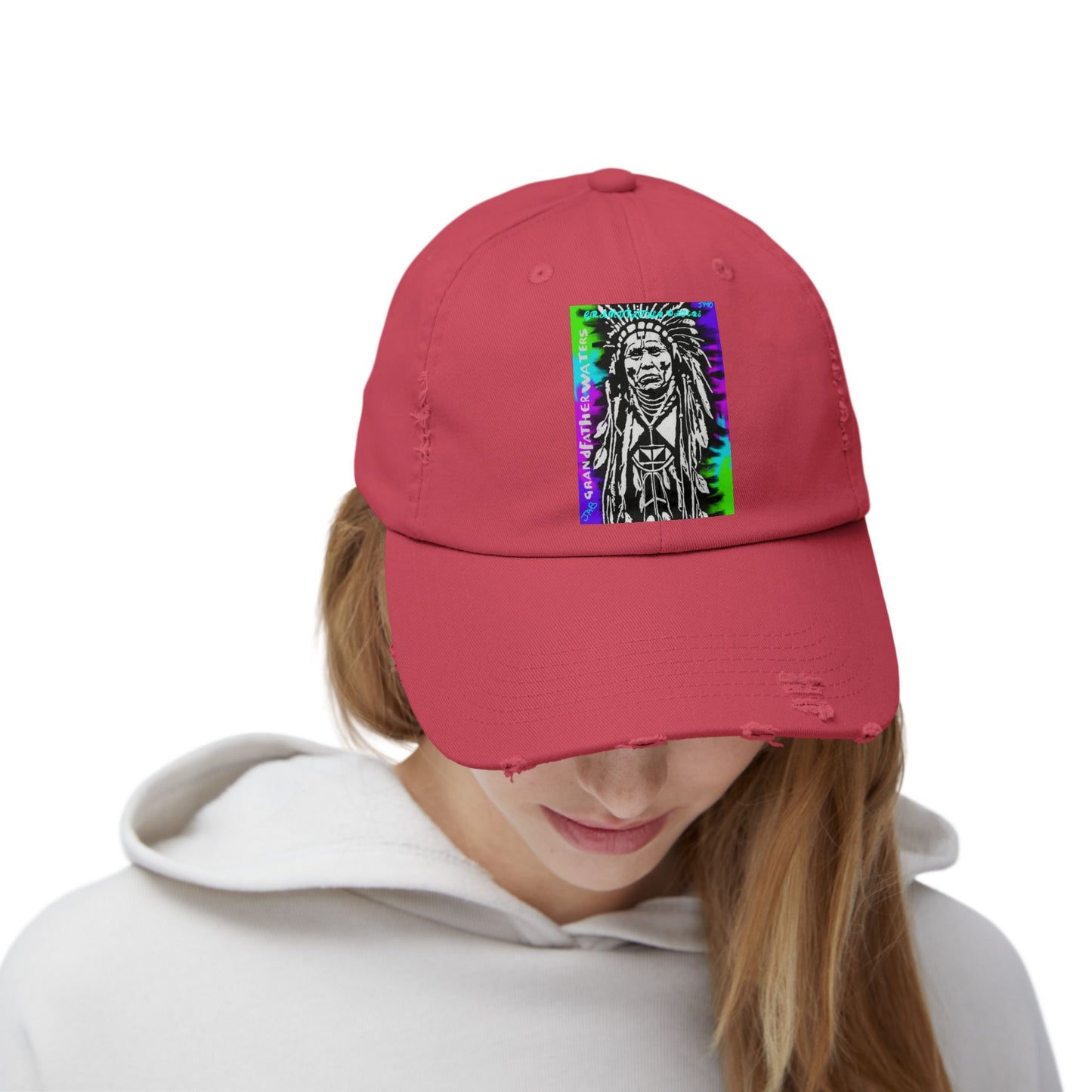 Distressed Black Cap with Neon Tribal Chief Portrait
