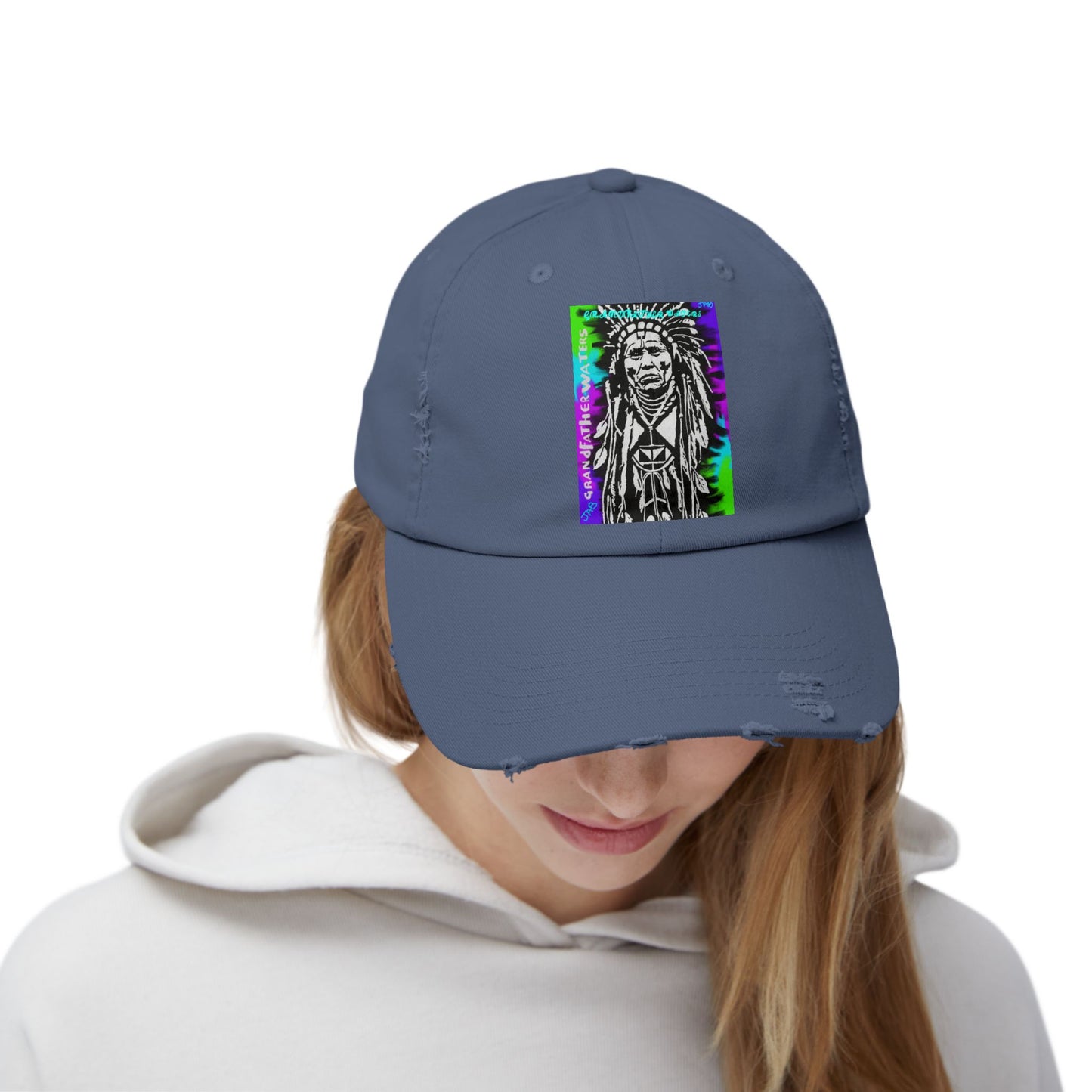 Distressed Black Cap with Neon Tribal Chief Portrait