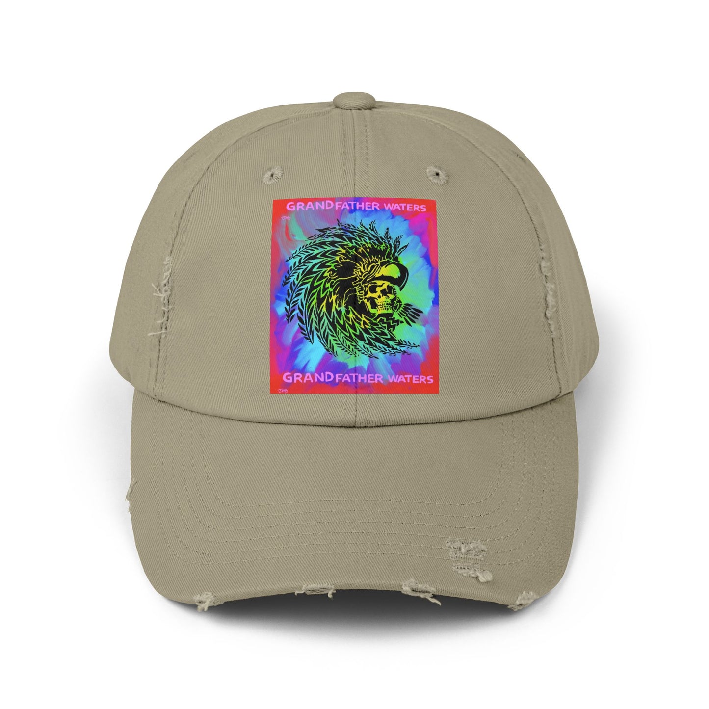 Distressed Black Cap — Neon Lion 'Grandfather Waters' Graphic