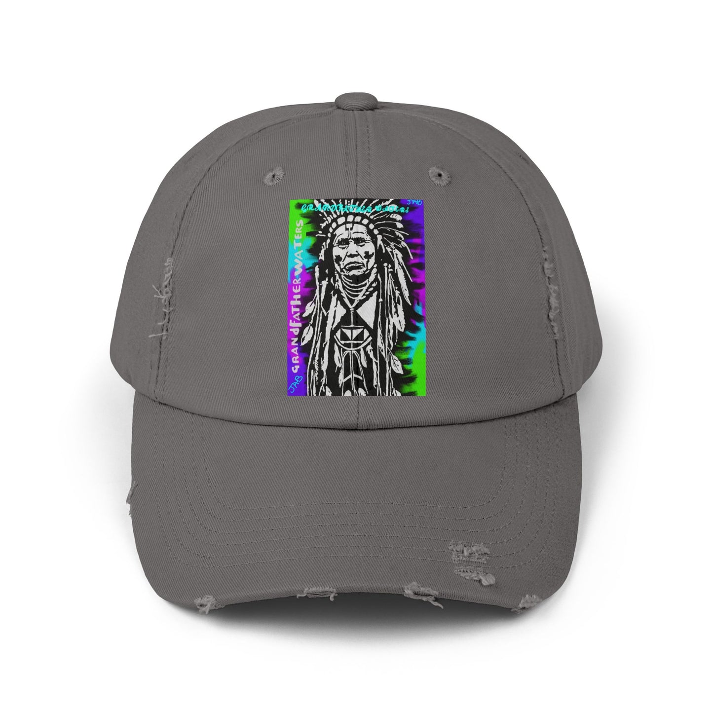 Distressed Black Cap with Neon Tribal Chief Portrait