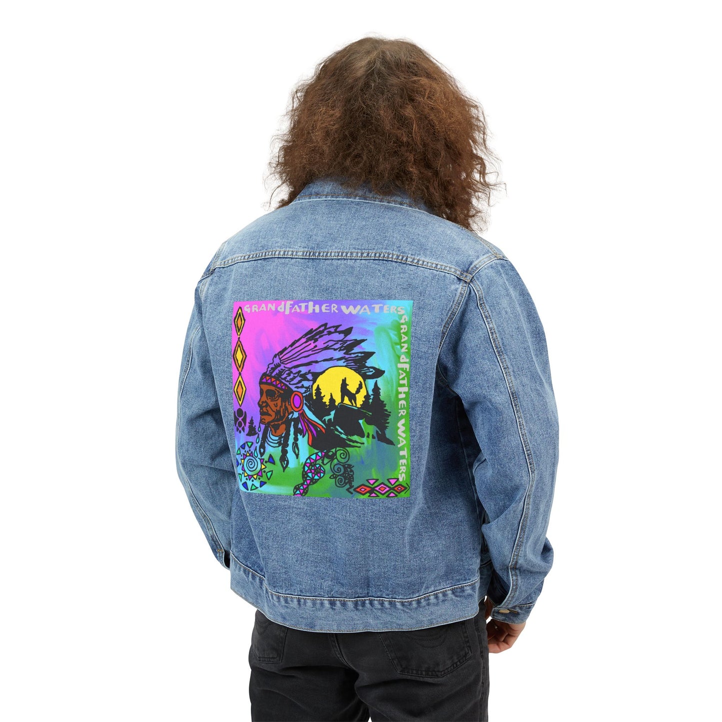 Men's Denim Jacket with Vibrant Native-Inspired Back Patch — Colorful Boho Streetwear