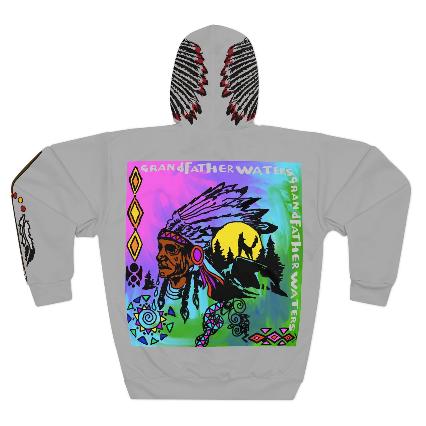 Native Spirit Graphic Hoodie — "Grandfather Waters" Colorful Headdress Design