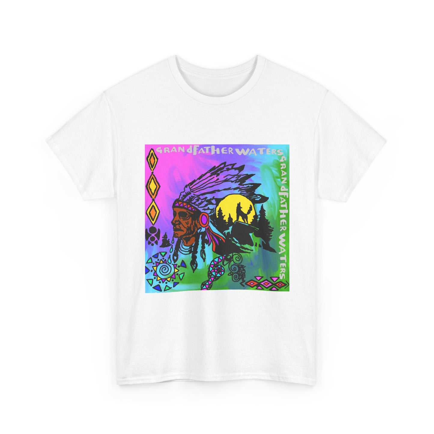 Native Chief Graphic Tee — Colorful Tribal Sunset Design