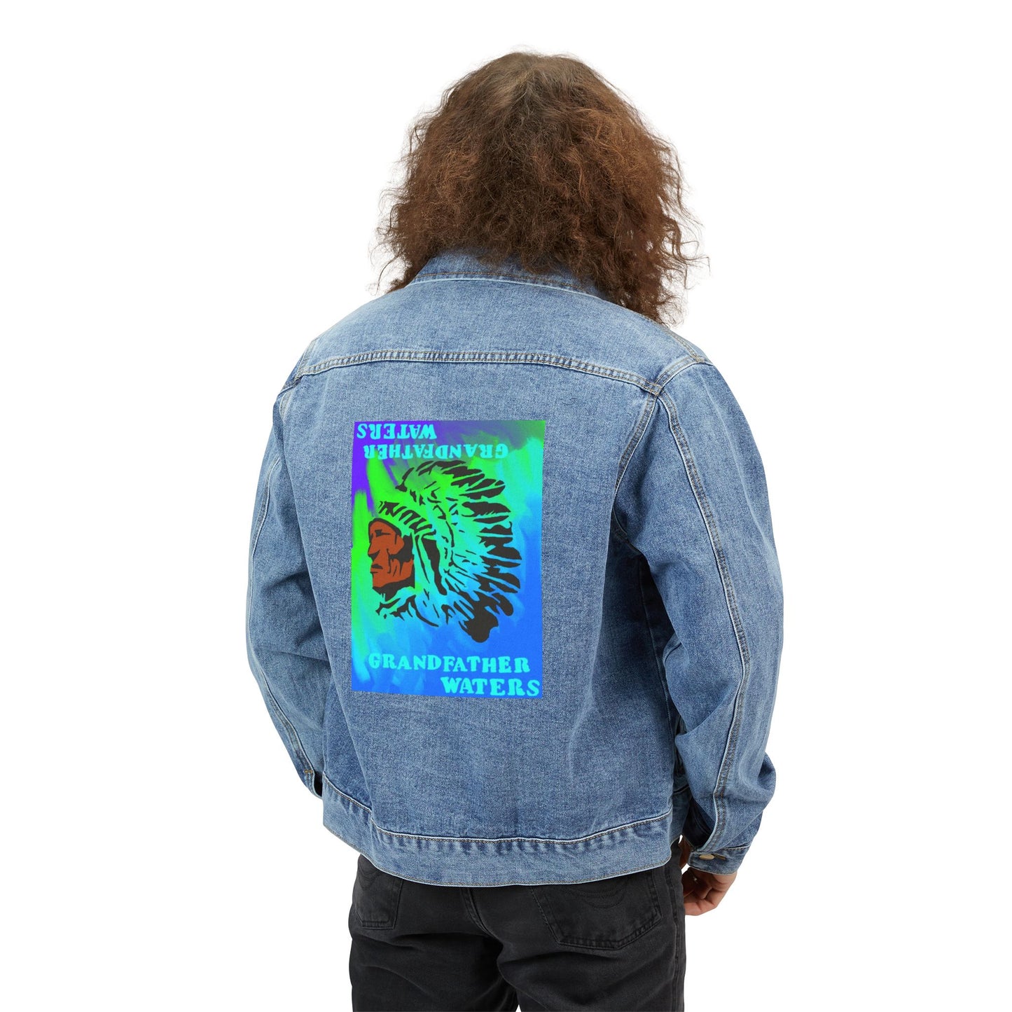 Denim Jacket — Retro 'Grandfather Waters' Neon Native Chief Graphic