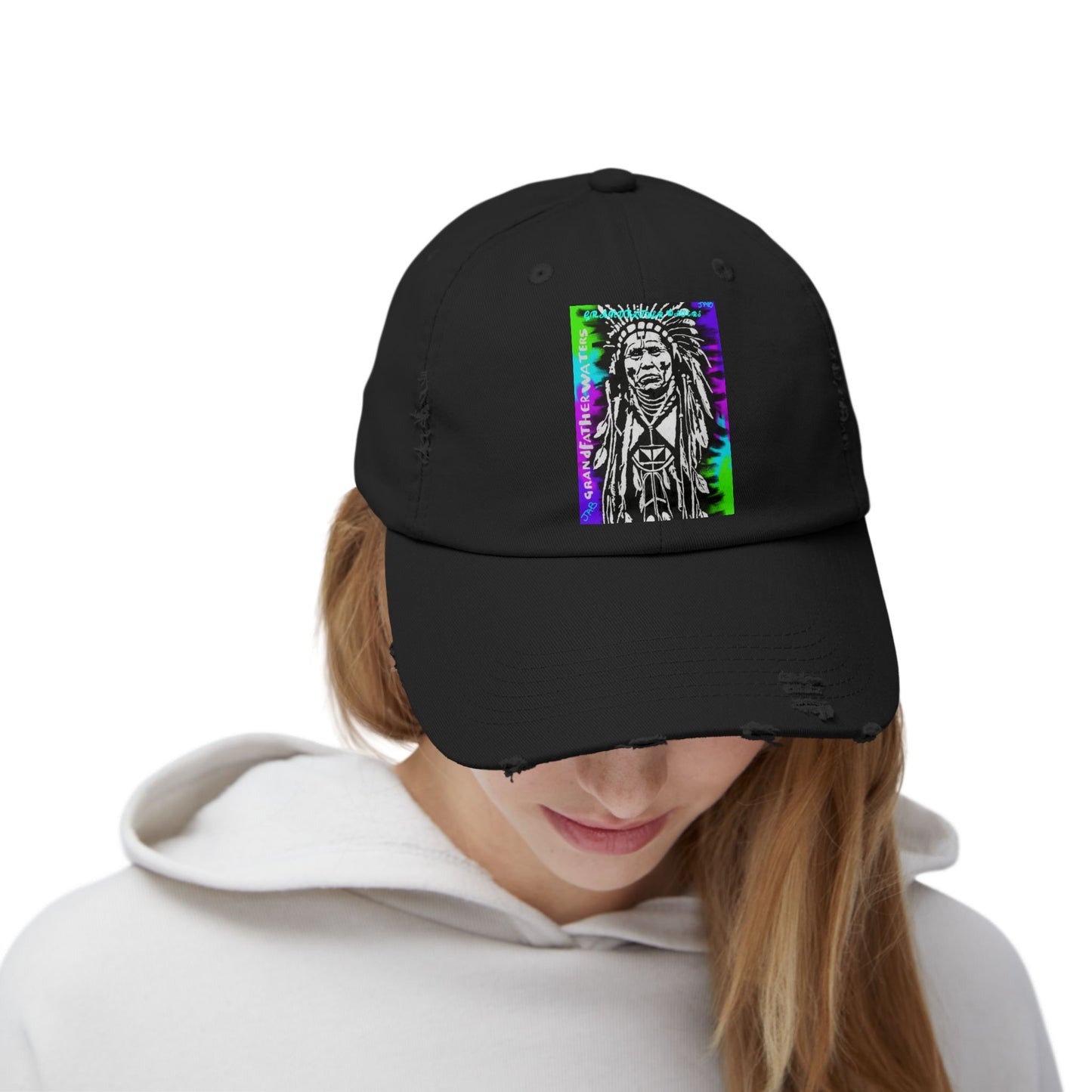 Distressed Black Cap with Neon Tribal Chief Portrait