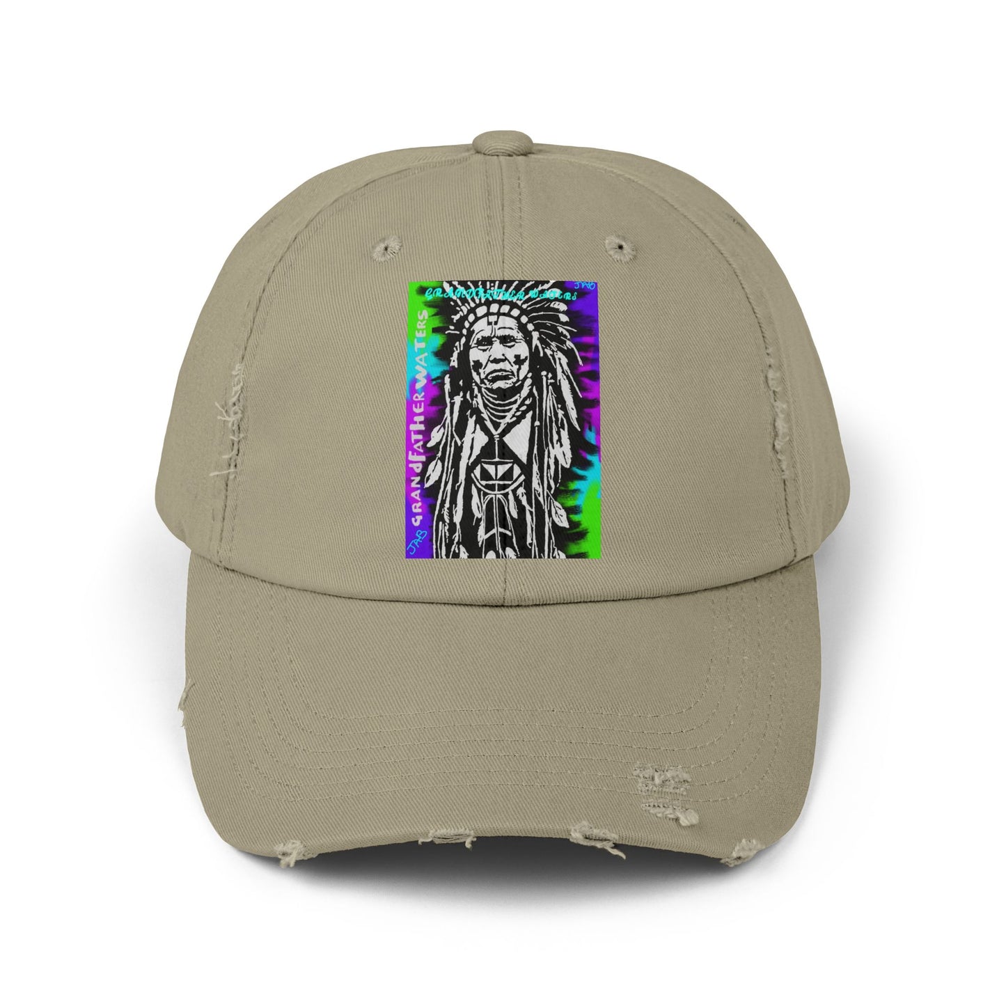 Distressed Black Cap with Neon Tribal Chief Portrait