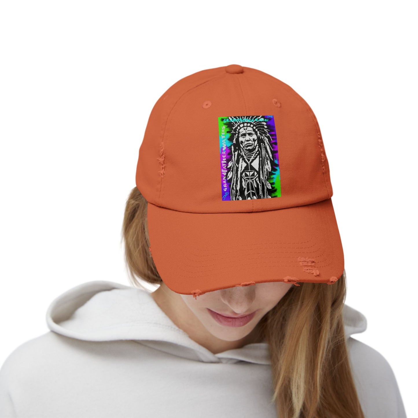 Distressed Black Cap with Neon Tribal Chief Portrait